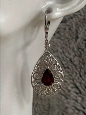 Garnet Teardrop Sterling Silver Filigree Earrings